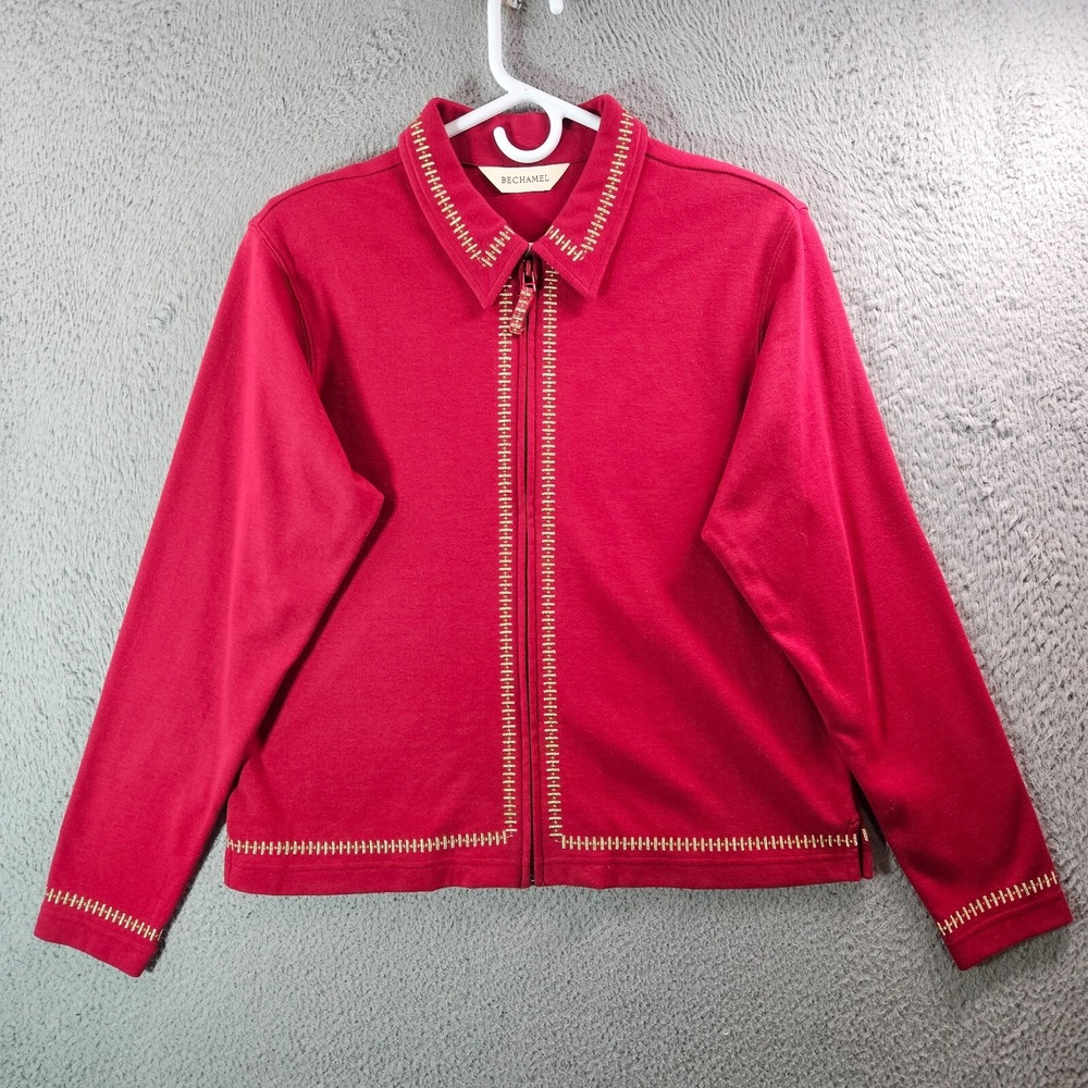 Bechamel Sweater Jacket‎ Women Medium Full Zip Gold Trim Christmas Red